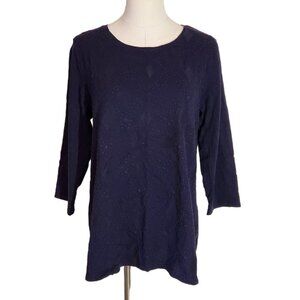 Talbots Navy Embroidered 100% Cotton 3/4 Sleeve Knit Top Women's Size L